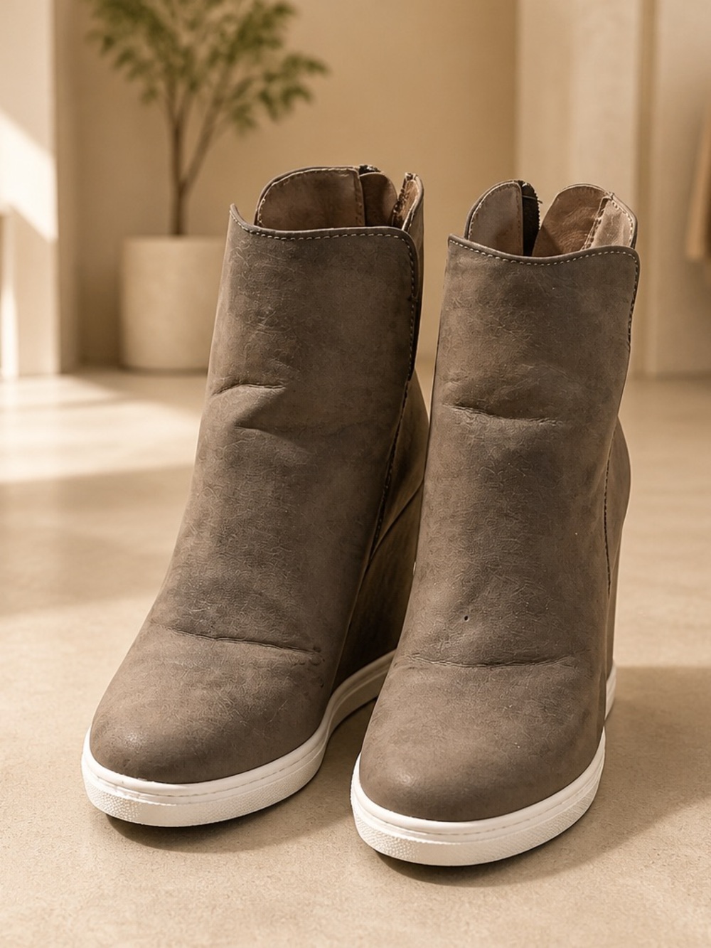 Volatile Taupe Wedge Booties with White Sole Size 8